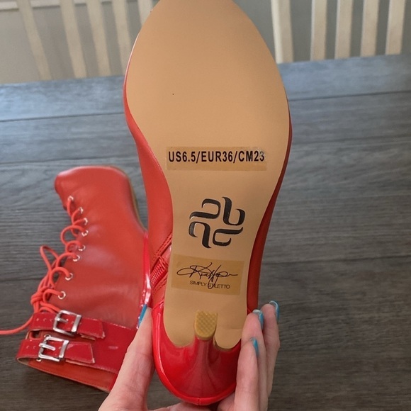 NWT BURJU Under The Influence Open Toe Lace Up Buckle Ankle Boots | Red 8.5/9.5 - Picture 5 of 12